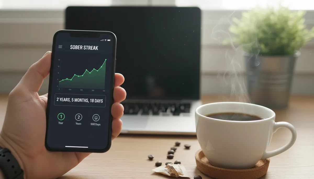 экран смартфона с графиком трезвости, утренний рабочий стол, чашка кофе